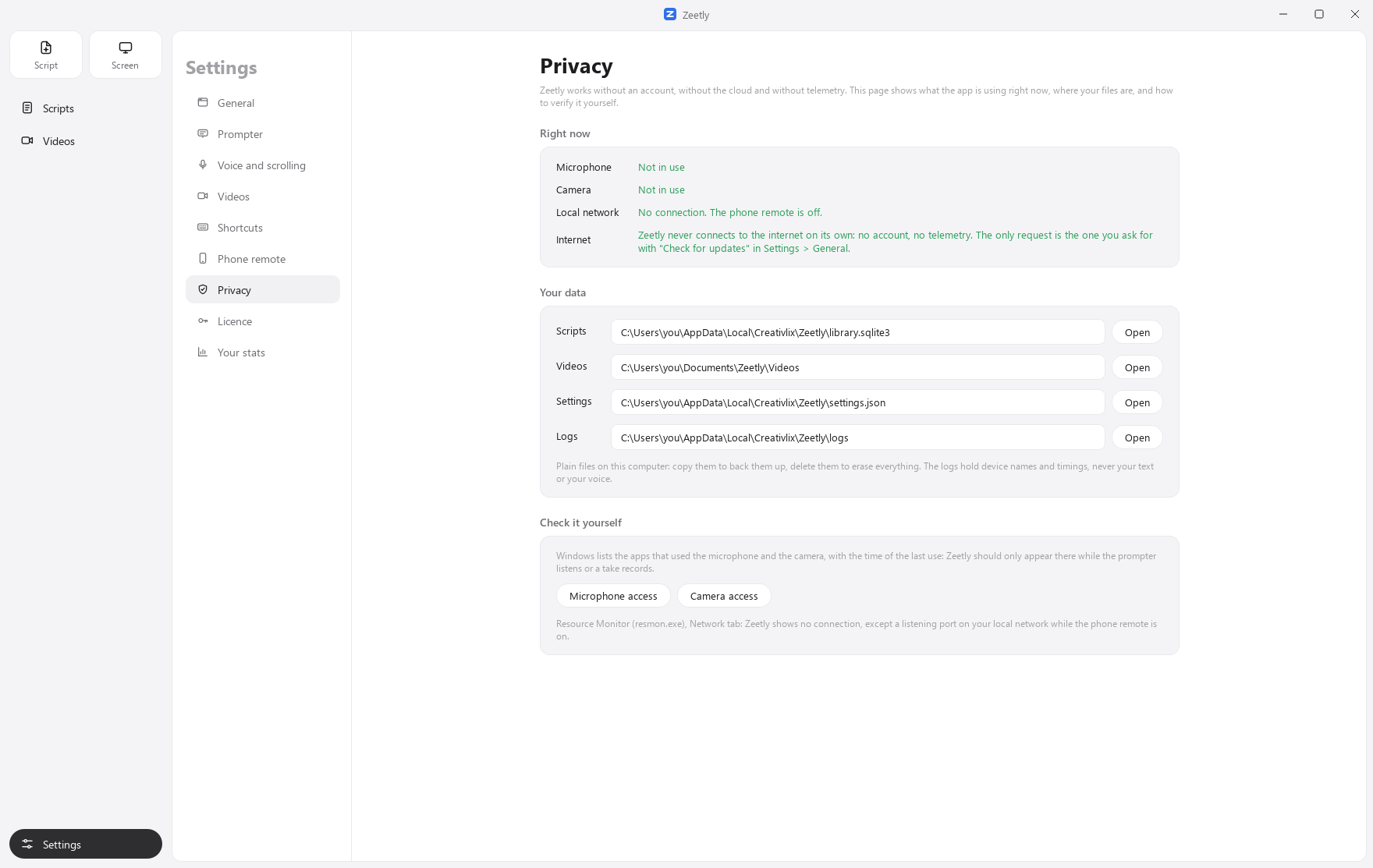 Zeetly Privacy settings: microphone, camera and network not in use